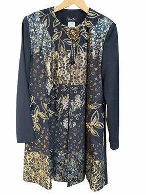 DIANE FREIS Vintage Black Gold Brocade Swing Jacket Wool Beaded Tassel